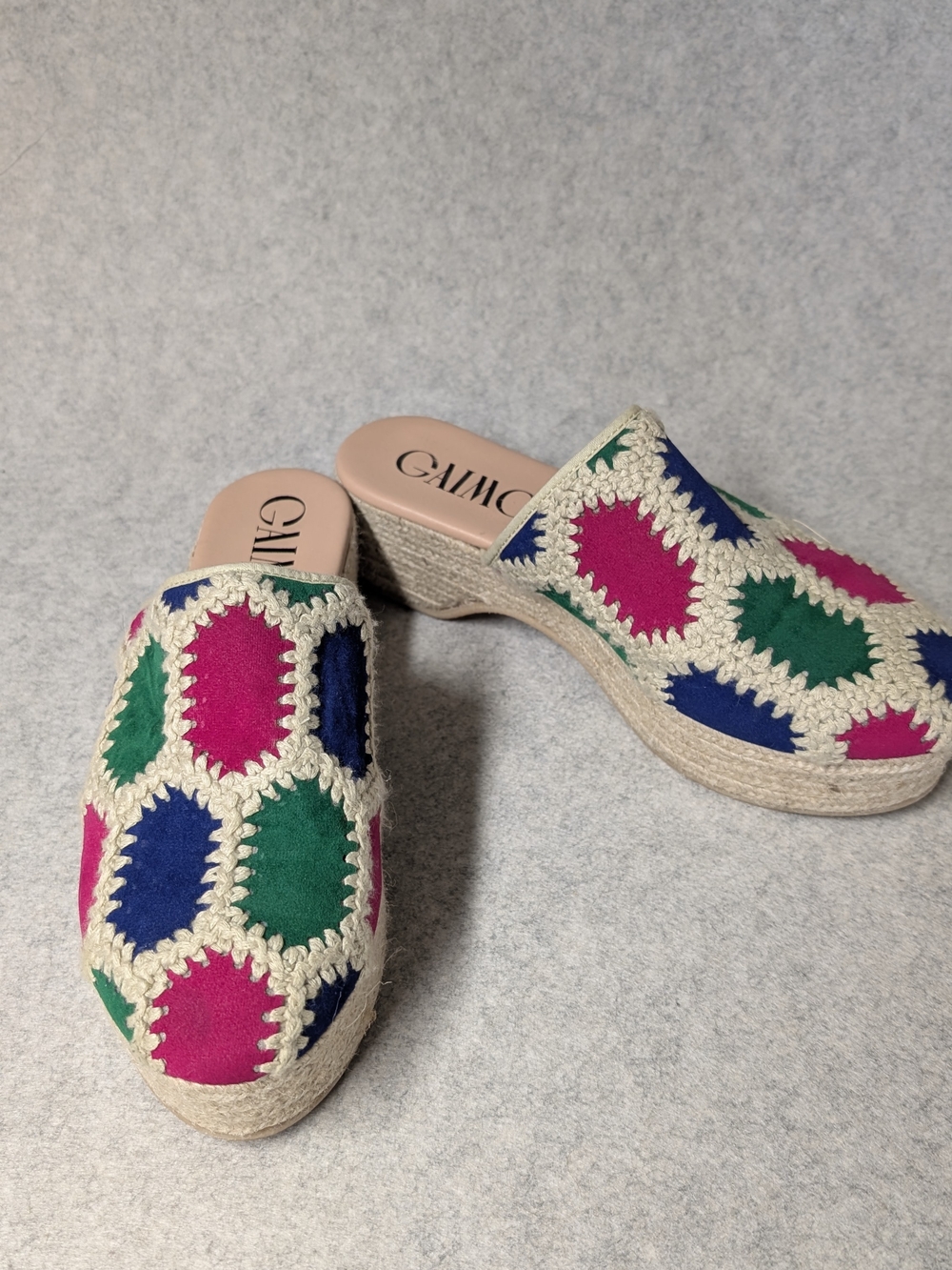 GAIAM Crochet Espadrille Mules — Pink, Blue & Green